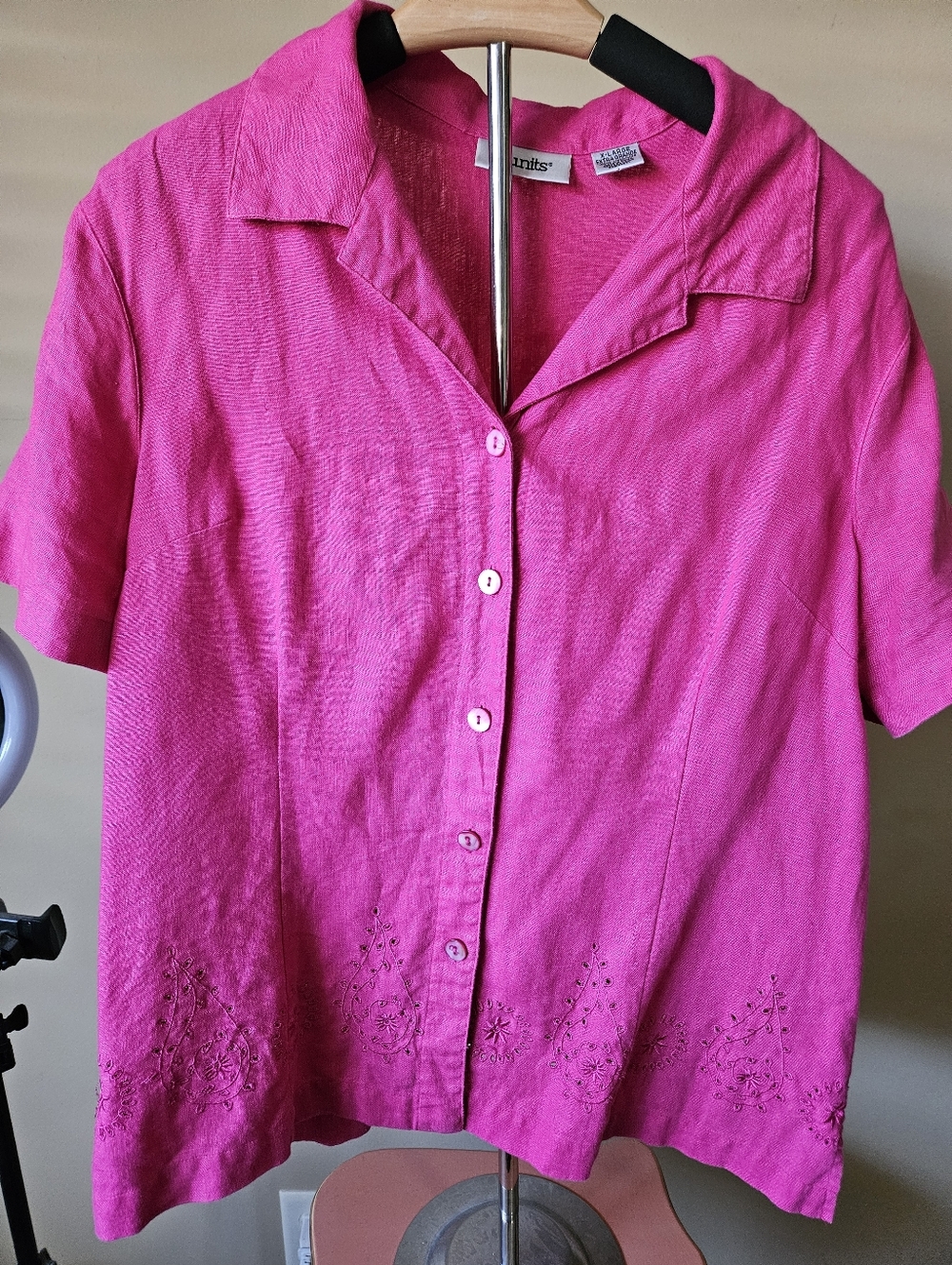 Units Vintage Linen Fuschia Pink Embroderied Cutout Blouse Size XL